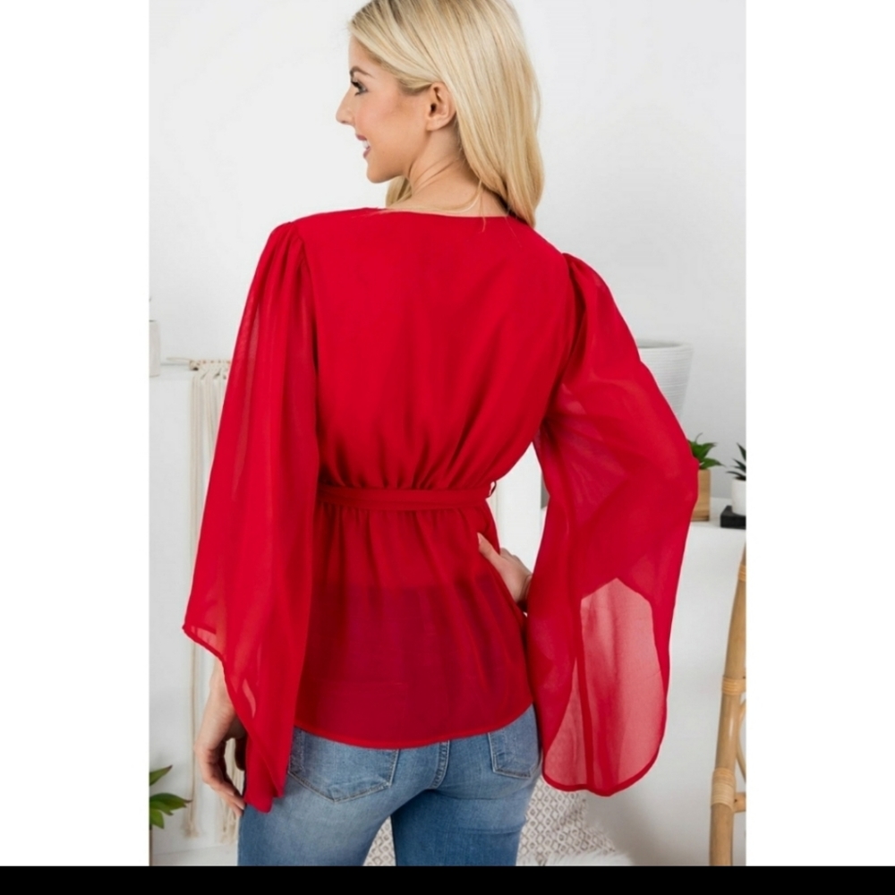 Chiffon-Like Red Top with Bell Sleeves and Gold Details around Neckline - Picture 10 of 11
